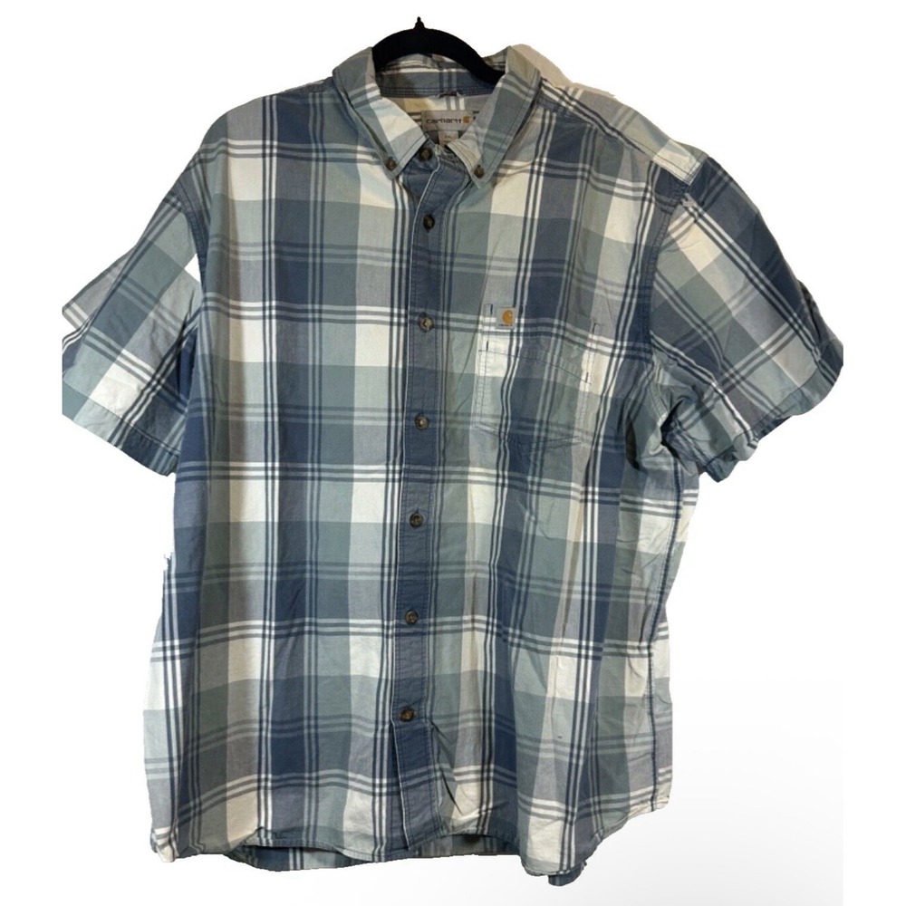 Carhartt Relaxed Fit Short Sleeve Gray Plaid Button Up Shirt Men's Size L Tall